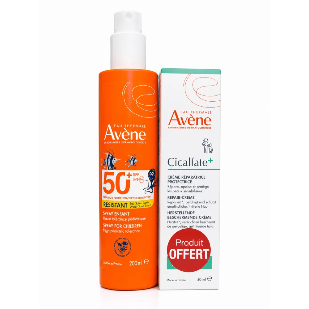AVENE SOLAIRE ENFANT SPRAY HAUTE PROTECTION SPF 50+ 200ML+CICALFATE+ CREME REPARATRICE PROTECTRICE 40ML (OFFERT)